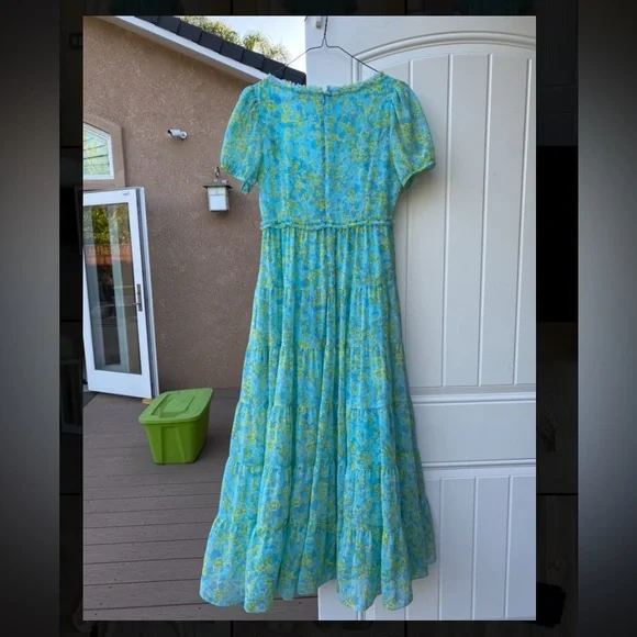 Likely 70s 60s blue & green selkie puff sleeve regency prom wedding guest dress - Picture 4 of 7